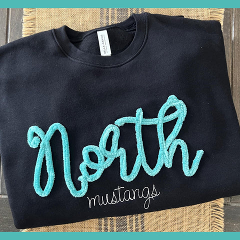 NORTH BLACK CUSTOM SPORT OR MUSTANGS CREWNECK CHENILLE & EMBROIDERY