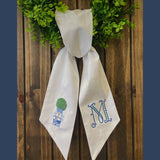 CUSTOM WHITE WREATH SASH  LT BLUE & ROYAL TOPIARY
